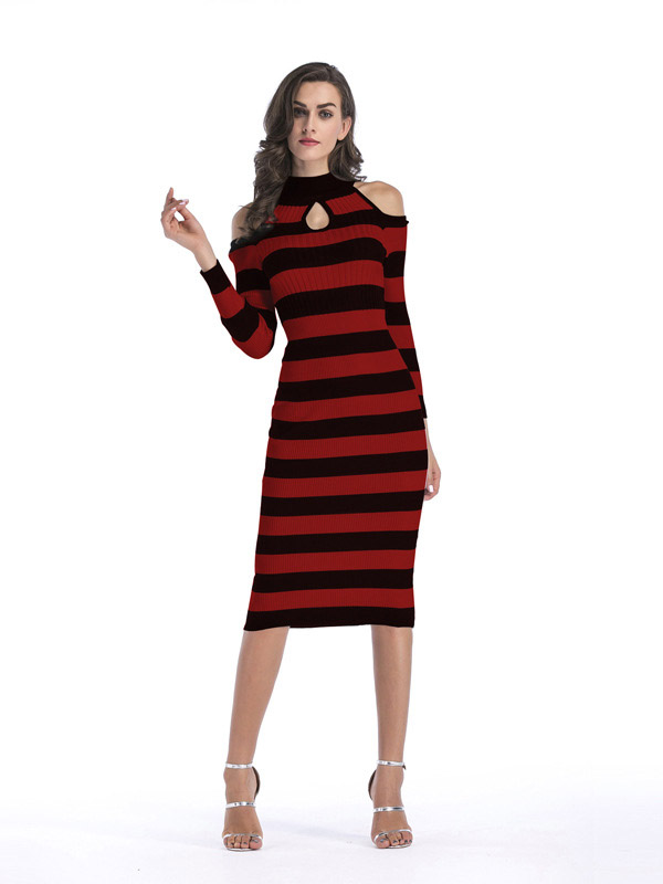 Red Cutout Cold Shoulder Bodycon Dress in Stripe