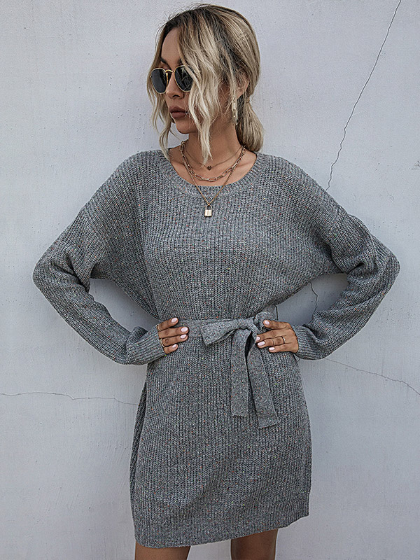 Grey Round Neck Tie Waist Knitted Dress