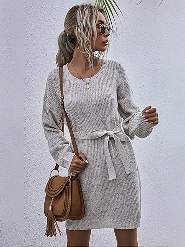 Beige Round Neck Tie Waist Knitted Dress