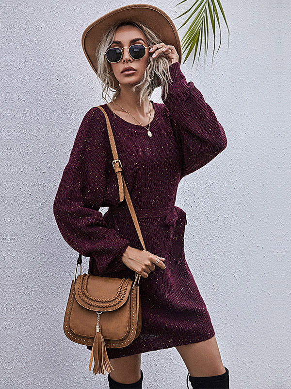 Burgundy Round Neck Tie Waist Knitted Dress