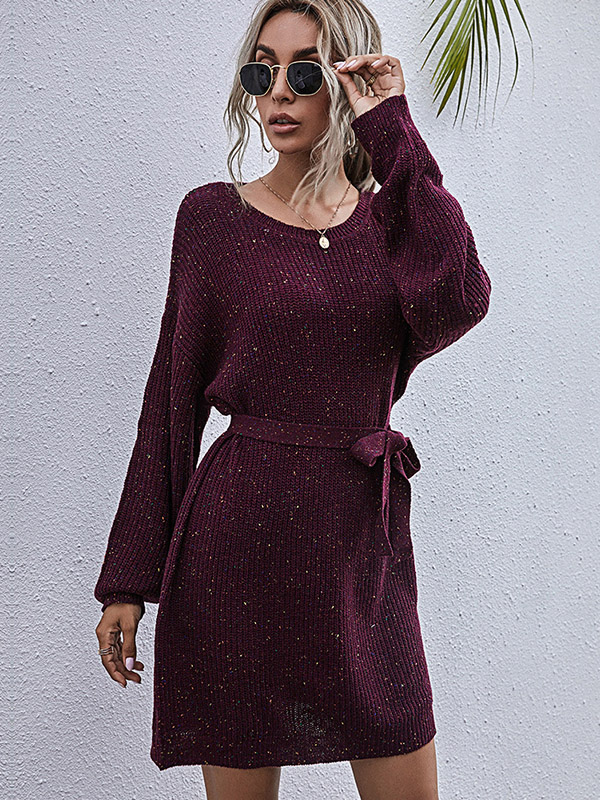 Burgundy Round Neck Tie Waist Knitted Dress