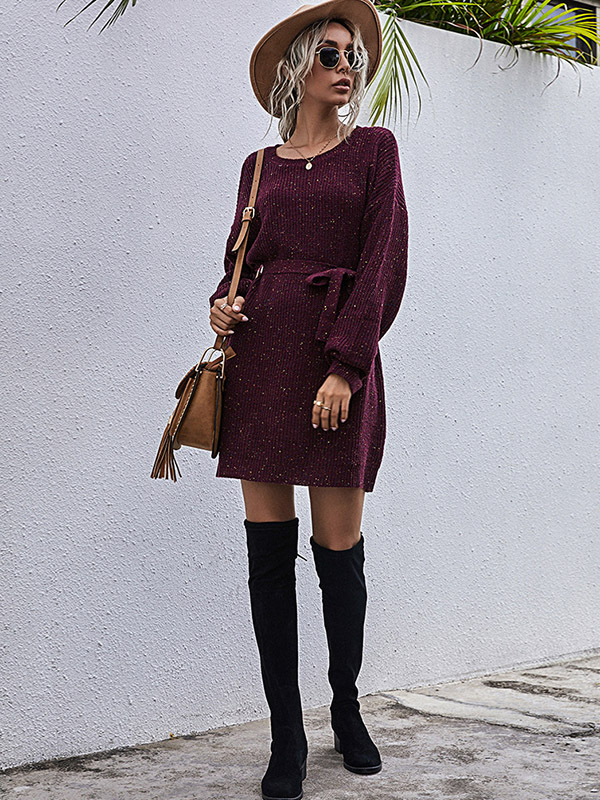 Burgundy Round Neck Tie Waist Knitted Dress