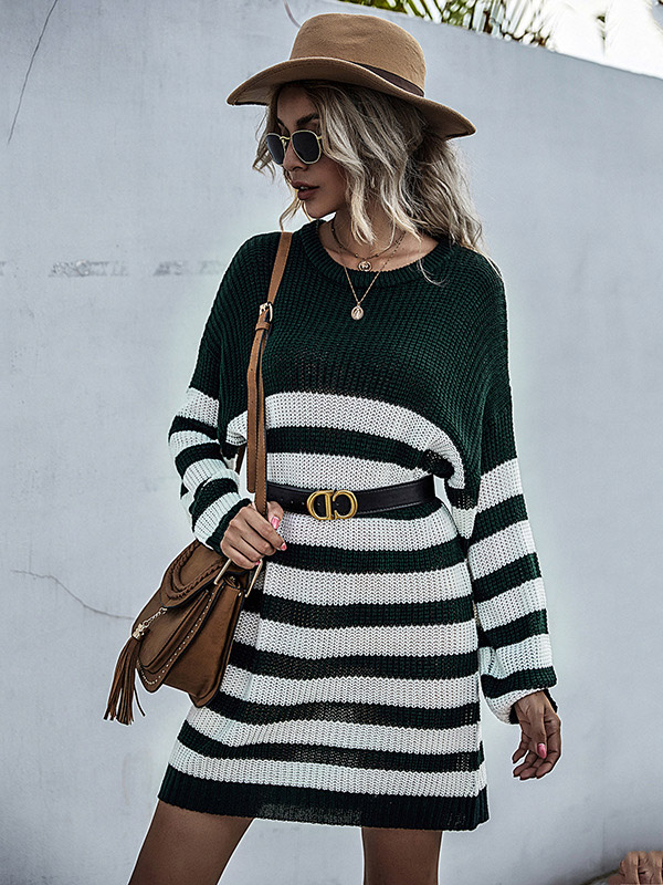 Black Round Neck Stripped Knitted Dress