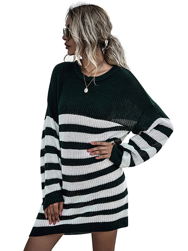 Black Round Neck Stripped Knitted Dress