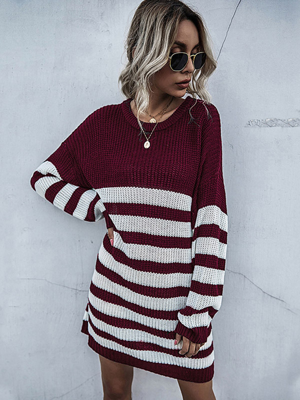 Burgundy Round Neck Stripped Knitted Dress