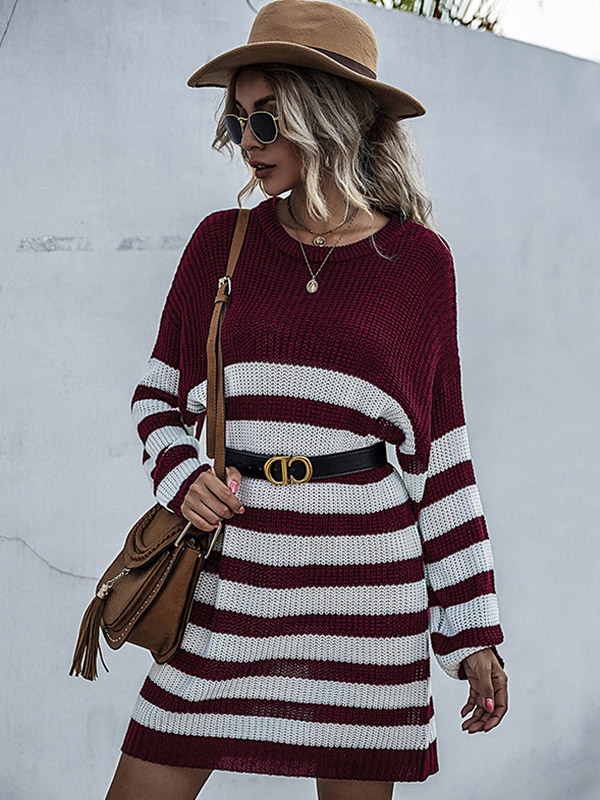 Burgundy Round Neck Stripped Knitted Dress