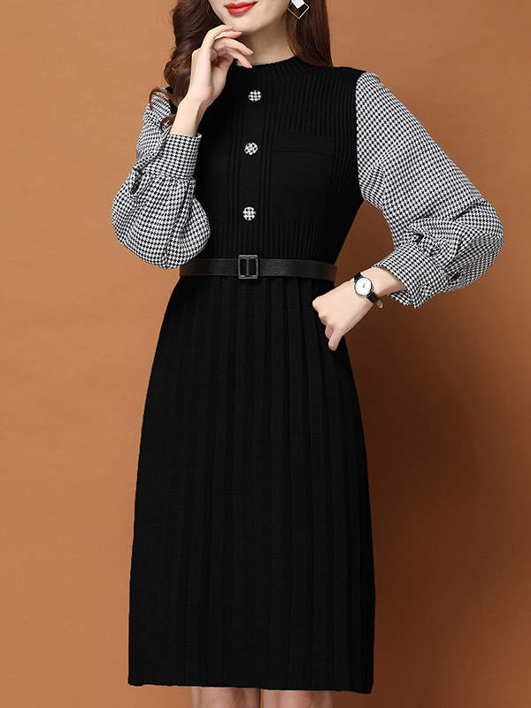 Black Knitted Mini Dress with Check Print Shirt Sleeves