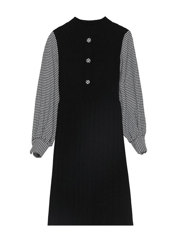 Black Knitted Mini Dress with Check Print Shirt Sleeves