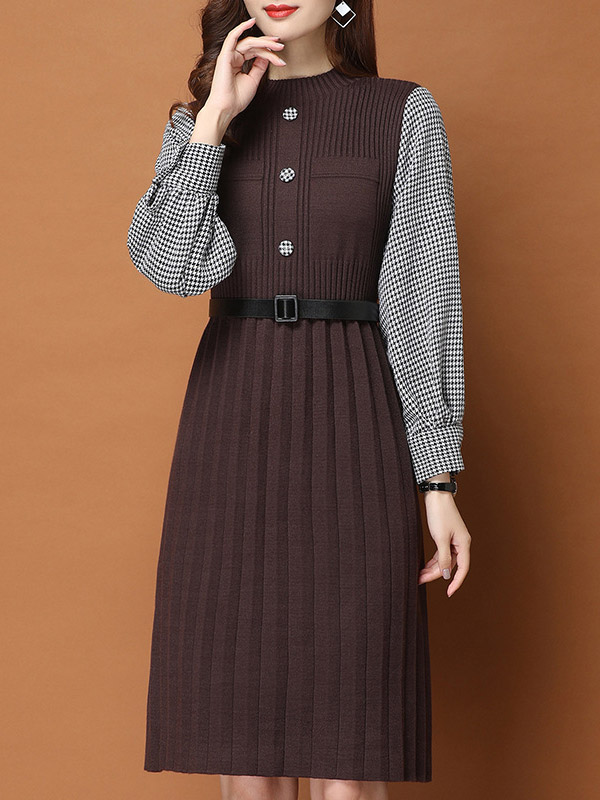 Brown Knitted Mini Dress with Check Print Shirt Sleeves