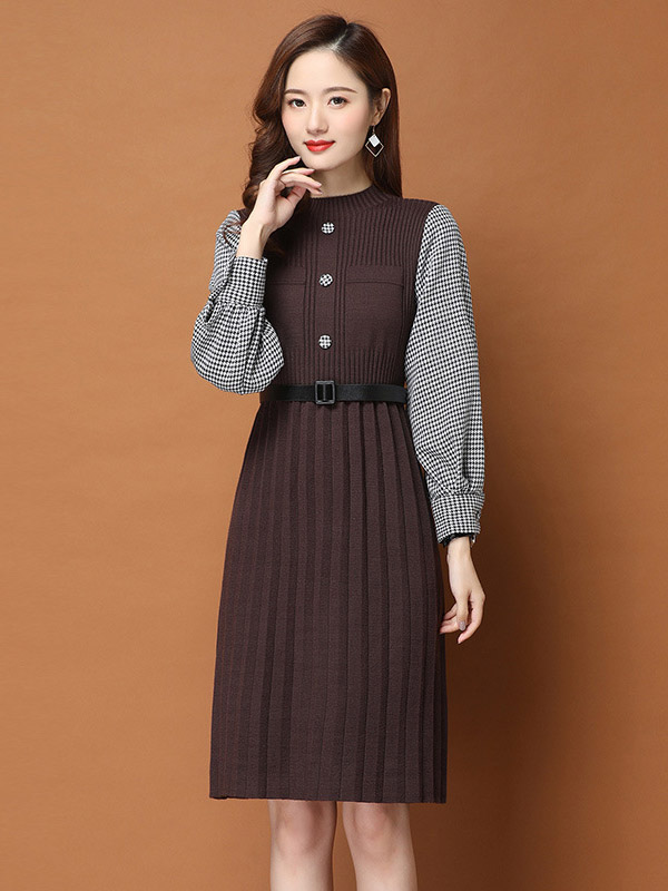 Brown Knitted Mini Dress with Check Print Shirt Sleeves