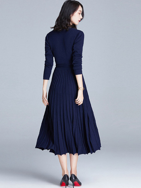 Navy Blue Wrap Style Tie Waist Knitted Pleated Dress