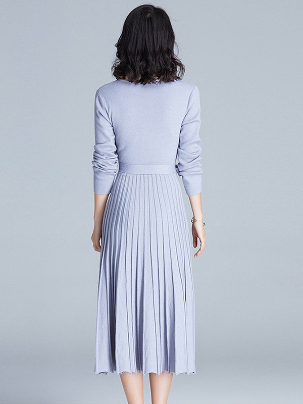 Blue Wrap Style Tie Waist Knitted Pleated Dress