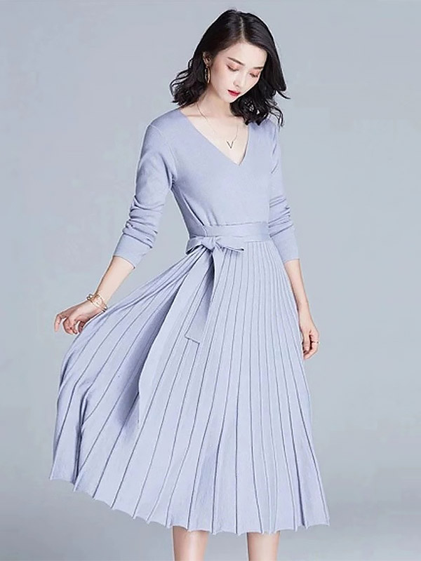 Blue Wrap Style Tie Waist Knitted Pleated Dress