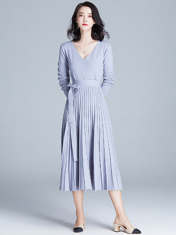 Blue Wrap Style Tie Waist Knitted Pleated Dress