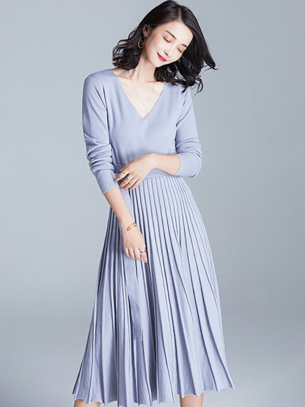 Blue Wrap Style Tie Waist Knitted Pleated Dress