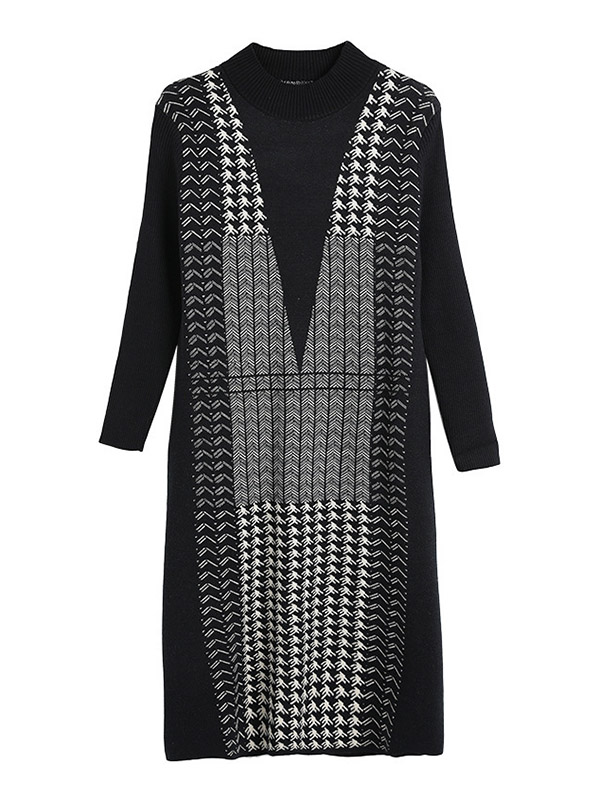 Black Stand Collar Knitted Shift Dress in Check Print