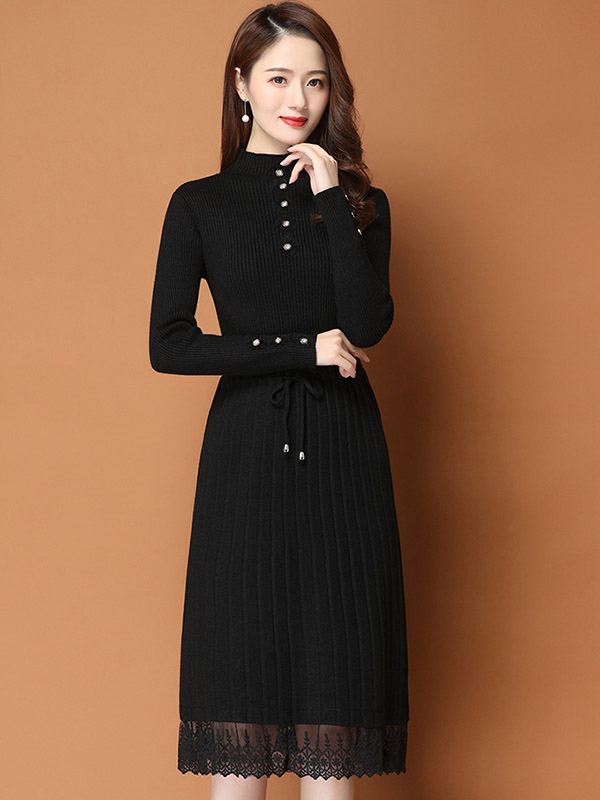 Black Ribbed Knitted Dress with Lace Trim