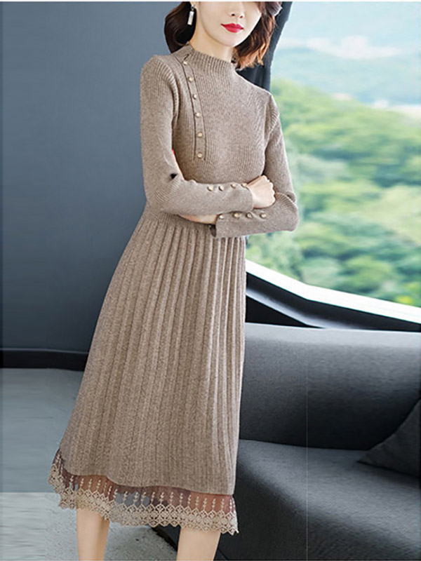 Khaki Stand Collar Lace Trim Knit Midi Dress