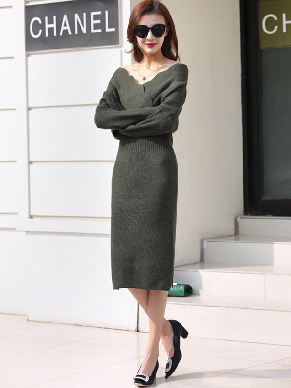 Green Wrap Style Midi Dress with Wave Hem Collar