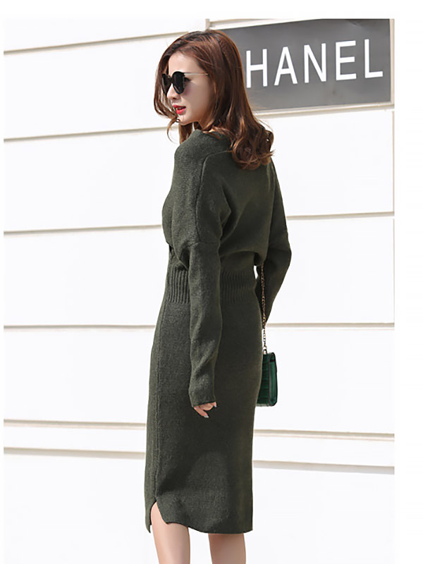 Green Wrap Style Midi Dress with Wave Hem Collar