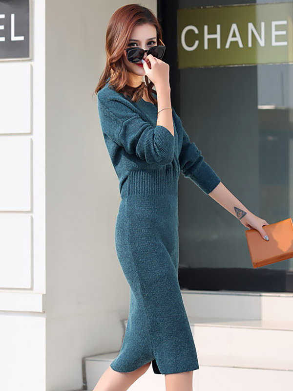 Blue Wrap Style Midi Dress with Wave Hem Collar