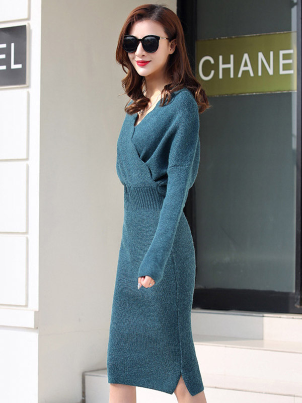 Blue Wrap Style Midi Dress with Wave Hem Collar