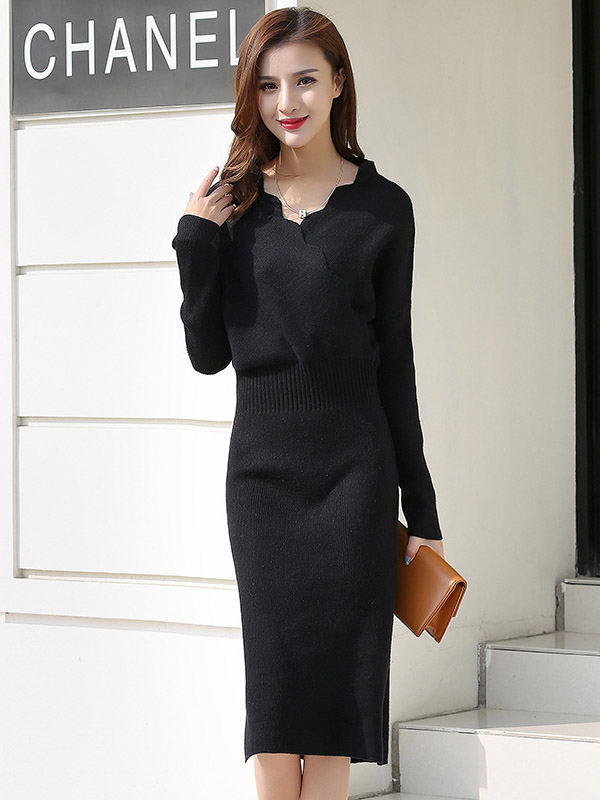 Black Wrap Style Midi Dress with Wave Hem Collar