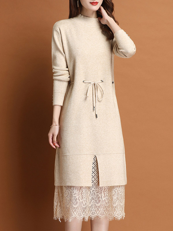 Beige Stand Collar Midi Dress with Lace Hem