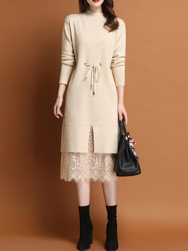 Beige Stand Collar Midi Dress with Lace Hem