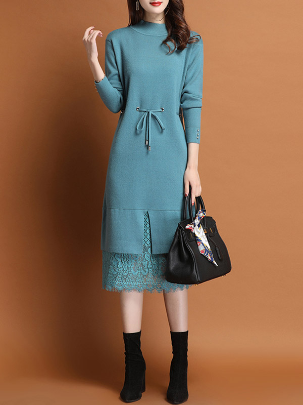 Blue Stand Collar Midi Dress with Lace Hem