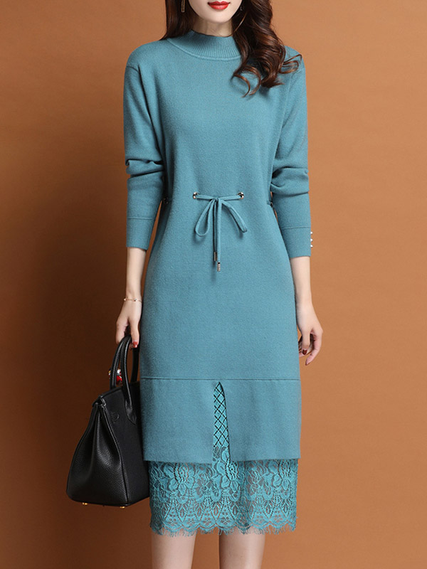 Blue Stand Collar Midi Dress with Lace Hem