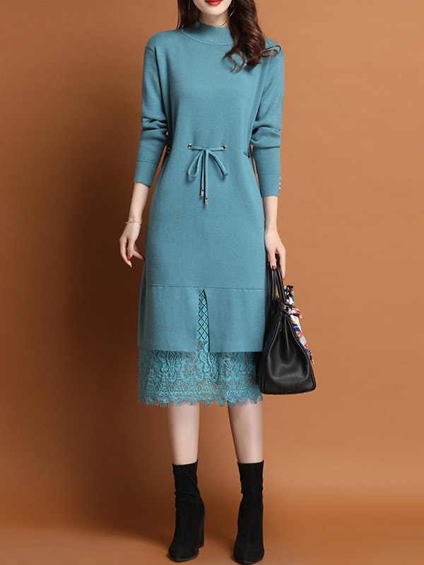 Blue Stand Collar Midi Dress with Lace Hem