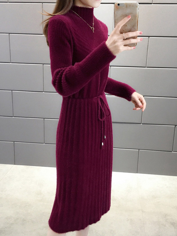 Burgundy Stand Collar Tie Waist Midi Dress