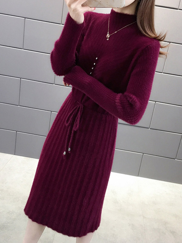 Burgundy Stand Collar Tie Waist Midi Dress