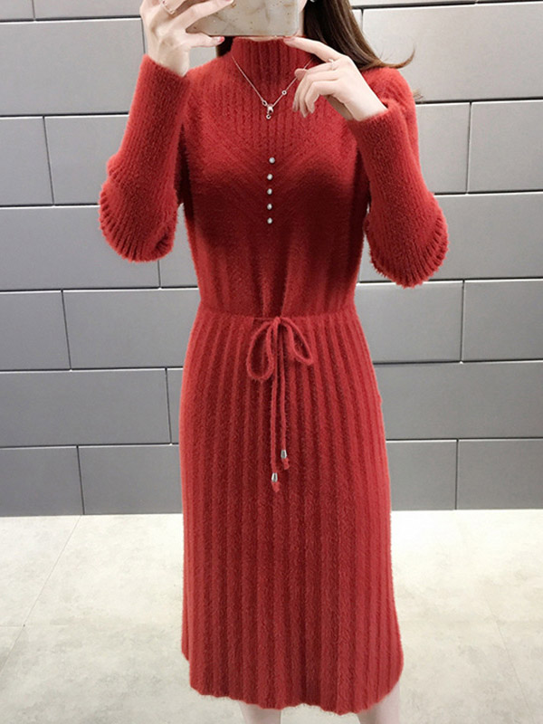 Red Stand Collar Tie Waist Midi Dress