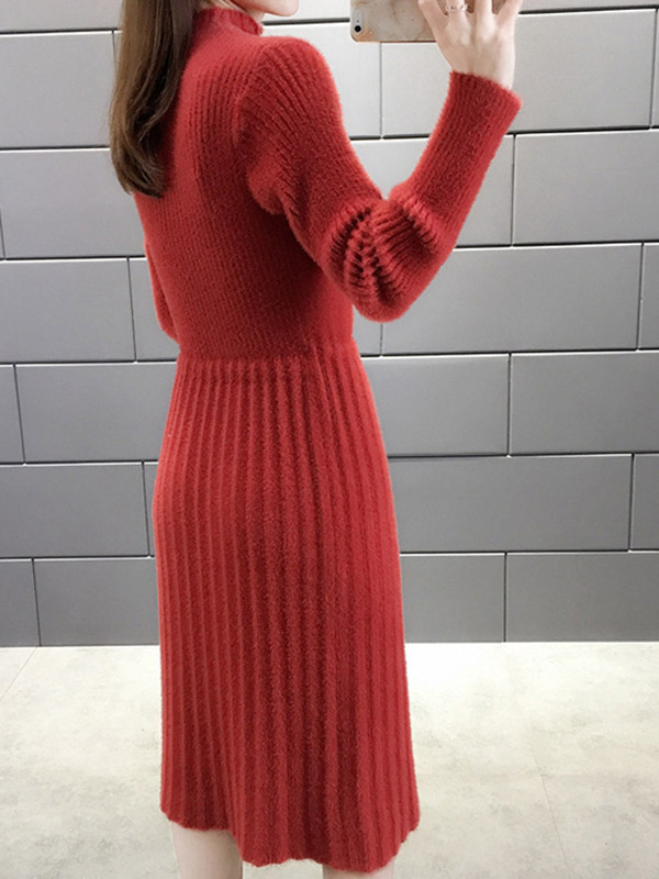 Red Stand Collar Tie Waist Midi Dress