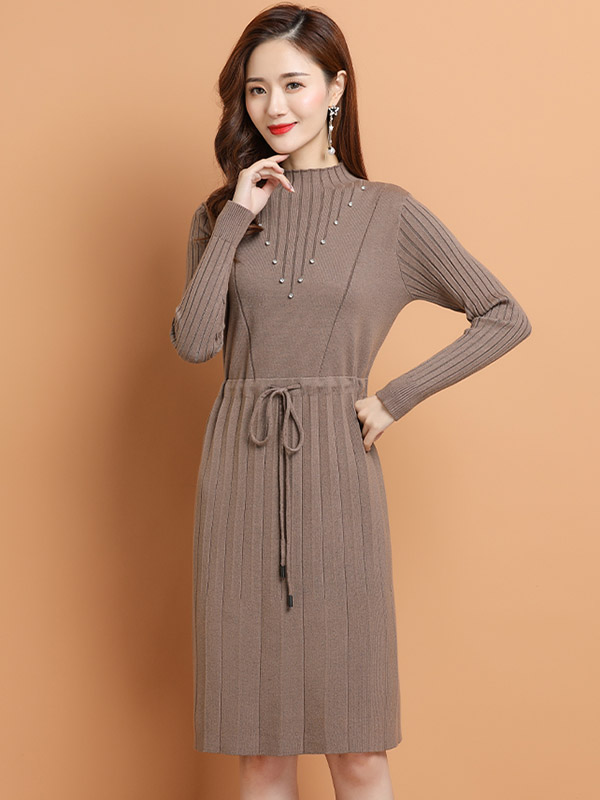 Khaki Tie Waist Midi Dress with Rhinestone Decoration