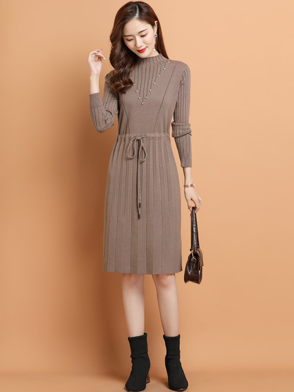 Khaki Tie Waist Midi Dress with Rhinestone Decoration