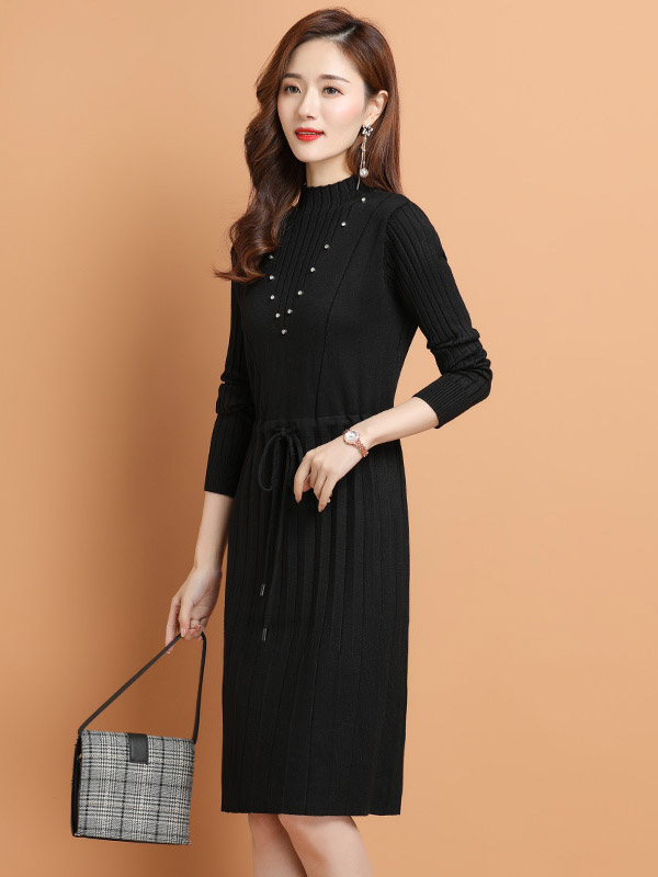 Black Tie Waist Midi Dress with Rhinestone Decoration