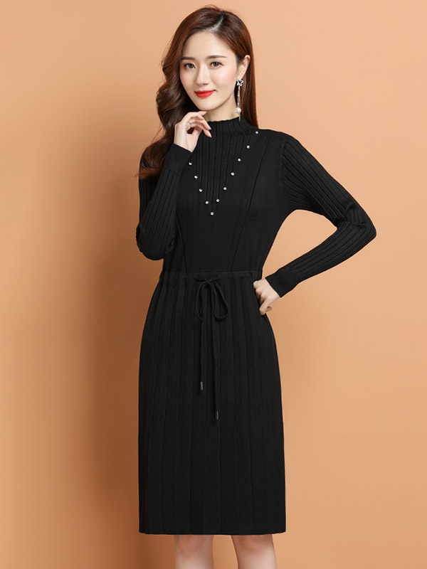 Black Tie Waist Midi Dress with Rhinestone Decoration