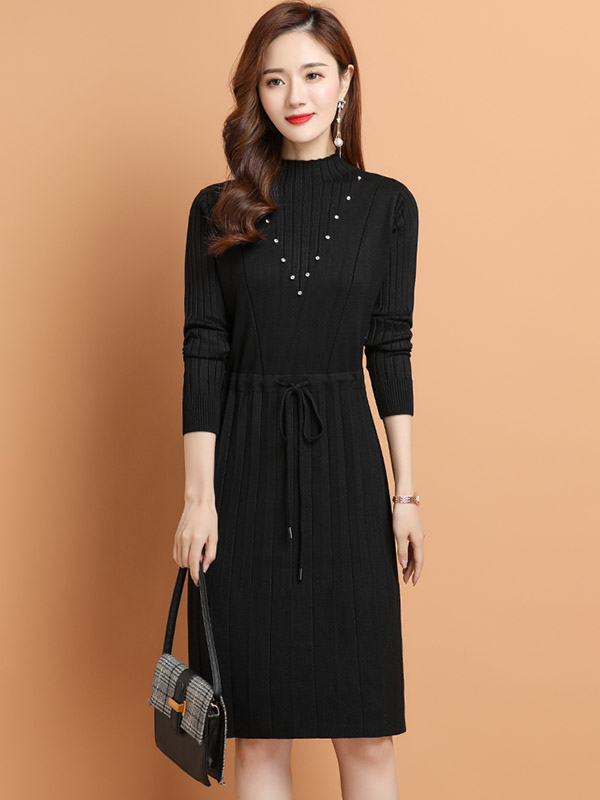 Black Tie Waist Midi Dress with Rhinestone Decoration