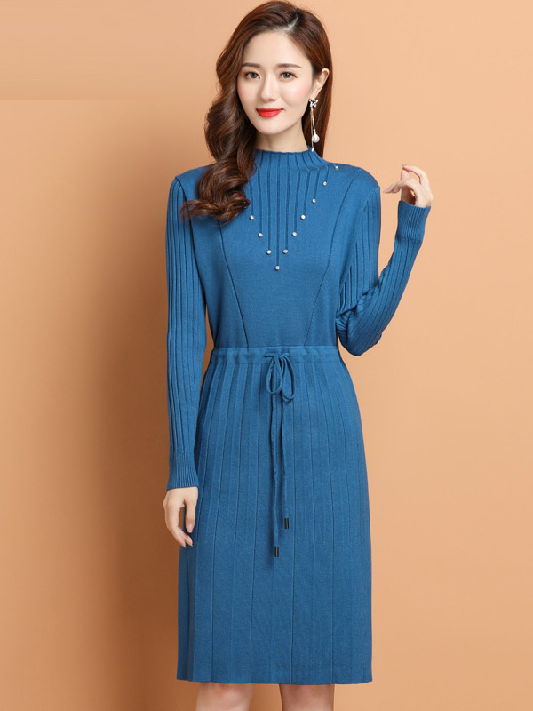 Blue Tie Waist Midi Dress with Rhinestone Decoration