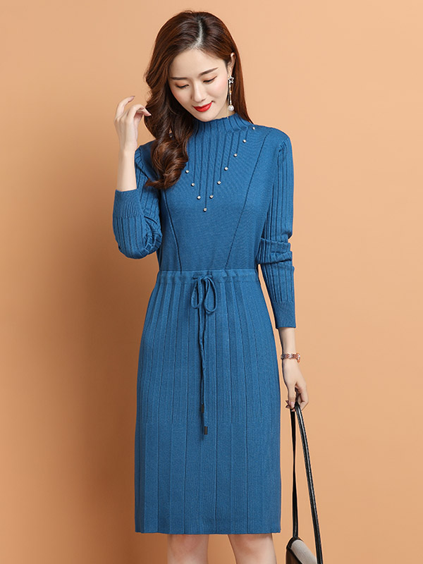 Blue Tie Waist Midi Dress with Rhinestone Decoration