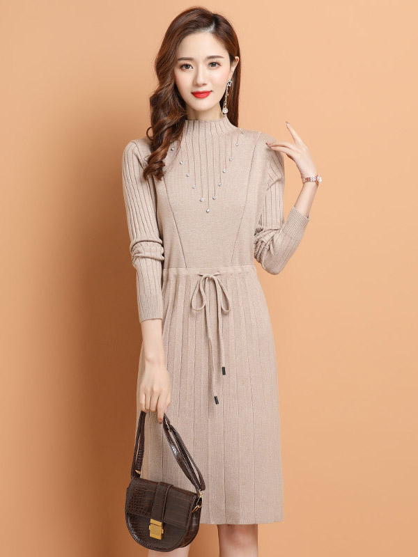 Apricot Tie Waist Midi Dress with Rhinestone Decoration