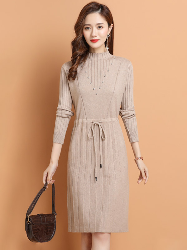 Apricot Tie Waist Midi Dress with Rhinestone Decoration