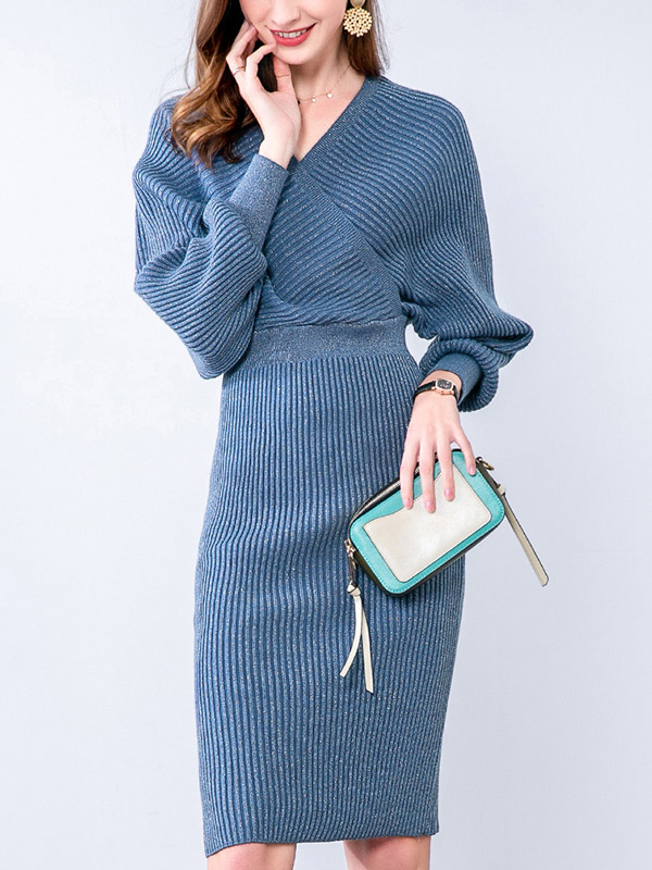 Blue V Back Bat Sleeves Midi Dress