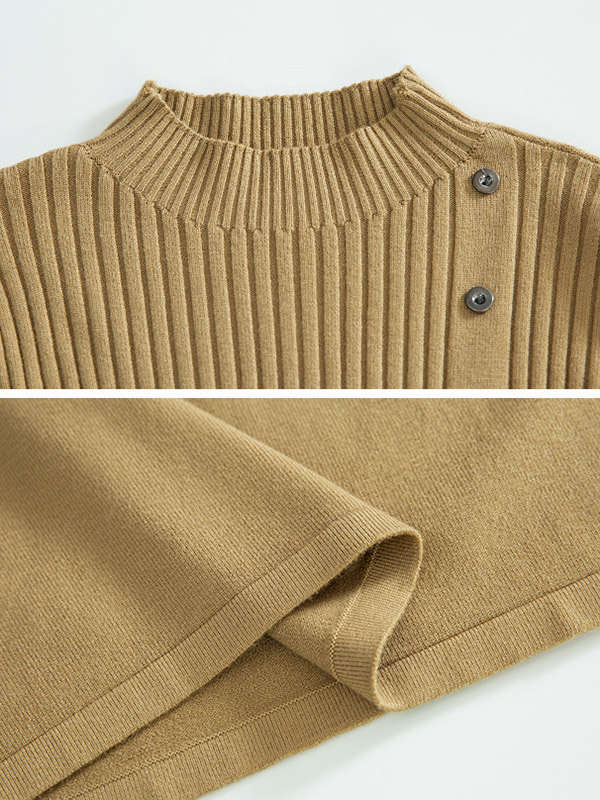 Khaki Stand Collar A-line Knit Dress