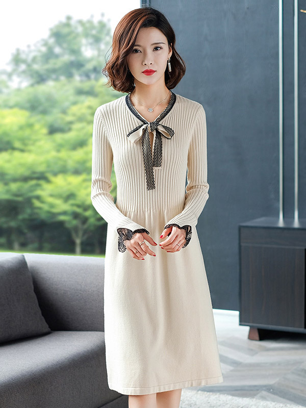 Apricot Tie Collar A-line Knit Dress with Lace Detail