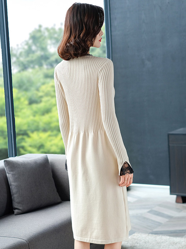 Apricot Tie Collar A-line Knit Dress with Lace Detail