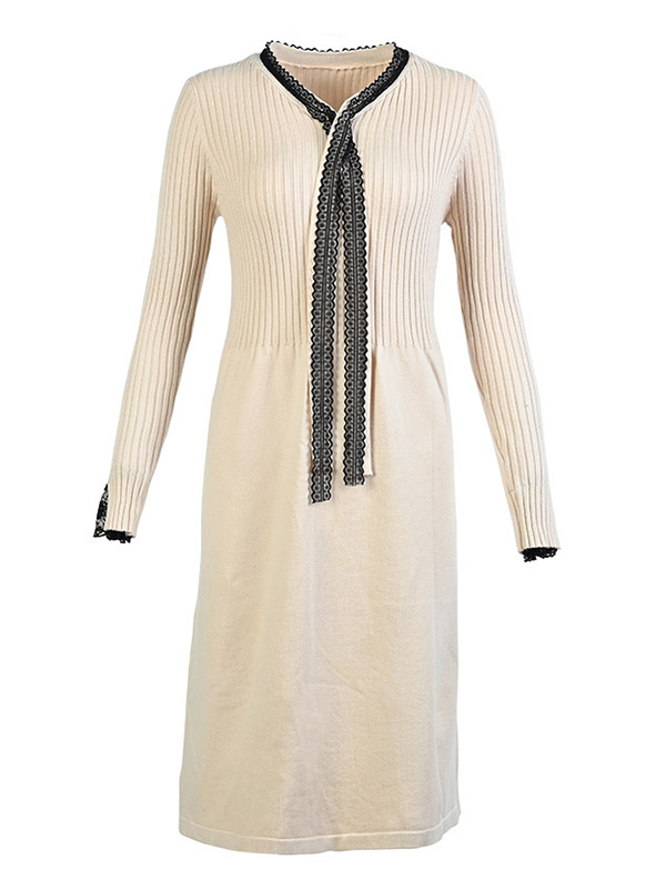 Apricot Tie Collar A-line Knit Dress with Lace Detail